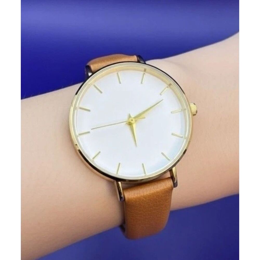 Stylish INC Tan Leather Strap ladies Watch with Gold Accents
